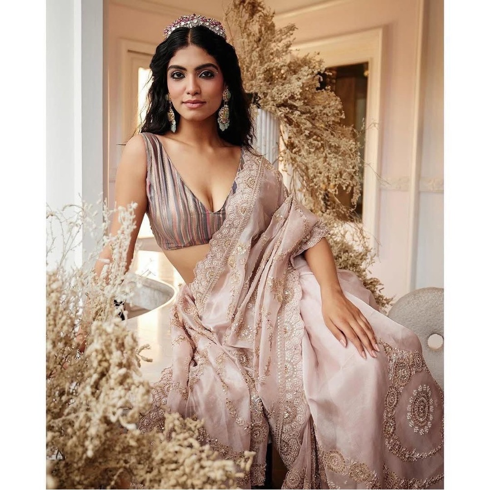 Elegant soft tissue silk fabric gold Embroidered Saree with Blouse(stitched)